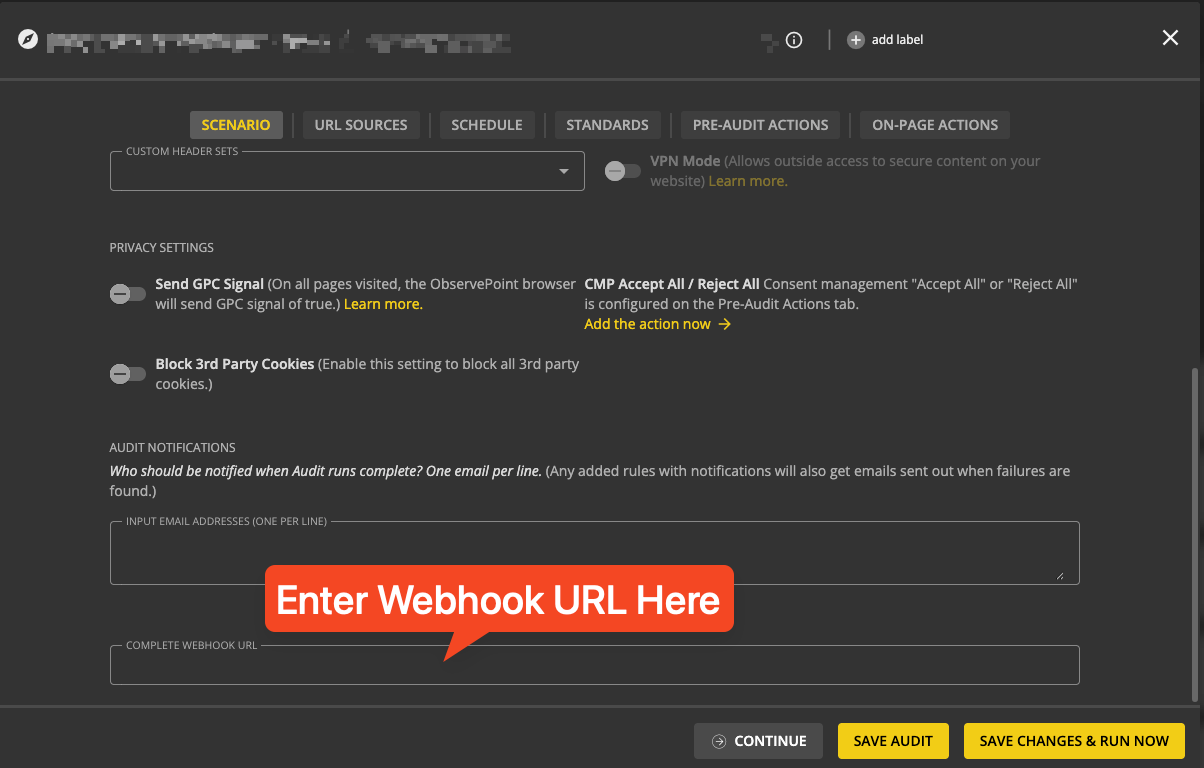 Screenshot of the field within a datasource to add the listening endpoint.